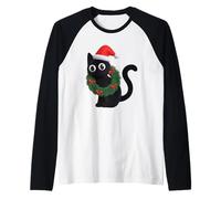 Cute Black Cat Christmas Wreath Santa Hat Holiday Kitty Art Raglan Baseball Tee
