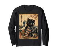 Cute Black Cat Crocheting Japanese Woodblock Vintage Knitter Long Sleeve T-Shirt
