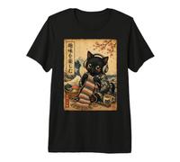 Cute Black Cat Crocheting Japanese Woodblock Vintage Knitter Premium T-Shirt