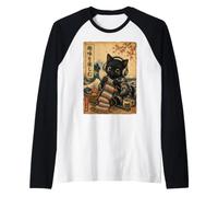 Cute Black Cat Crocheting Japanese Woodblock Vintage Knitter Raglan Baseball Tee