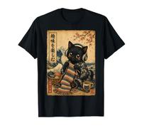 Cute Black Cat Crocheting Japanese Woodblock Vintage Knitter T-Shirt