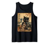 Cute Black Cat Crocheting Japanese Woodblock Vintage Knitter Tank Top