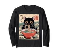 Cute Black Cat Eating Noodles in Japanese Bowl Illustration Long Sleeve T-Shirt