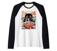 Cute Black Cat Eating Noodles in Japanese Bowl Illustration Raglan Baseball Tee