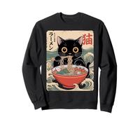 Cute Black Cat Eating Noodles in Japanese Bowl Illustration Sweatshirt