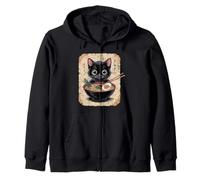 Cute Black Cat Eating Ramen Noodles Japan Anime Kitten Zip Hoodie