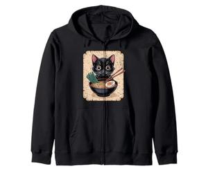 Cute Black Cat Eating Ramen Noodles Japan Anime Kitten Zip Hoodie