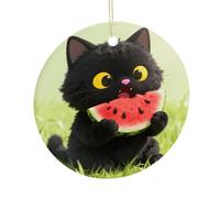 Cute Black Cat Eating Watermelon Round Ceramic Pendant Hanging Festival Ornament, Personalized Double Sided Ceramic Home Decor, Lightweight Durable Hanging Ornament Gift for Home, Party, Women Men