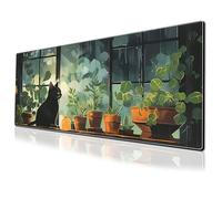 Cute Black cat Gaming Mouse Pad Green Plants Large Desk Mat, 31.5x11.8 Inch Mousepad Extended Non-Slip Rubber Base Keyboard Mat with Stitched Edges for Desk Home Office