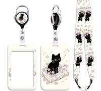 Cute Black Cat ID Lanyard with Card Holder Book & Flowers Keychain Retractable Badge Reel ID Badge Holder Lanyard for Neck for Keys Name Tag ID Holder, Women Girls Kids Teachers Staff, Office & School