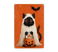 Cute Black Cat In A White Ghost Sheet Metal Signs Tin Wall Art Decor For Bathroom Toilet Washroom Farmhouse Restroom Yard 20x30 Cm