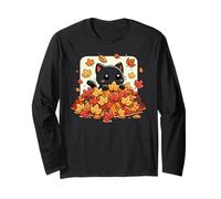 Cute Black Cat in Colorful Autumn Leaves Design Long Sleeve T-Shirt