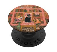 Cute Black Cat In Library Bookshelf Bookish Book & Cat Lover PopSockets Adhesive PopGrip