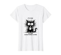 Cute Black Cat It's Fine I'm Fine Everything is Fine Funny Value Graphic T-Shirt, Women, White, XL