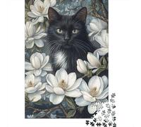 Cute Black Cat Jigsaw Puzzles for Adults And Kids. 1000 Pieces White Magnolia Flowers Whimsical Challenge Toy Educational Game Home Decor 70x50cm/1000pcs