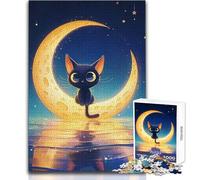 Cute Black Cat on Crescent Moon Adults 1000 Pieces Puzzle Strategic Thinking Learning Game Ideal Meaningful Gift for Any Event Size 50x75cm