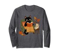 Cute Black Cat Reading Book Autumn Fall Cozy Reading Long Sleeve T-Shirt