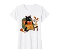 Cute Black Cat Reading Book Autumn Fall Cozy Reading Value Graphic T-Shirt, Women, White, L