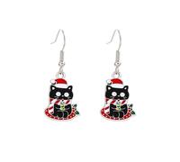 Cute Black Cat Santa's Hat Small Dangle Drop Earrings for Women Funny Cartoon Animal Xmas Ornament Enamel Dangling Hypoallergenic Lightweight New Year Festival Fashion Unique Jewelry