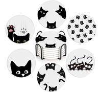 Cute Black Cat Set of 6 Coasters Absorbent Ceramic Drink Mats with Cork Base & Metal Holder, Spill Protectors for Mugs/Cups, Cheerful Home/Bar Decor
