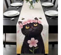 Cute Black Cat Table Runner 13x72 Inches Long Pink Flower Cherry Blossoms Bee Country Fields Cotton Linen Table Runner Burlap Style for Dinner Table Party Decor Tabletop Decorations