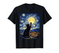 Cute Black Cat Van Gogh Starry Night Reaching The Moon T-Shirt