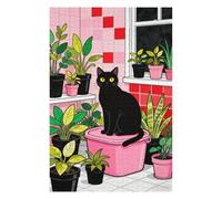 Cute Black Cat with Plant 1000 Piece Jigsaw Puzzle for Adults, Modern Minimalist Art Puzzle, Cozy Home Decor Cat Lover Gift, Relaxing Challenge Game, 30x20 in