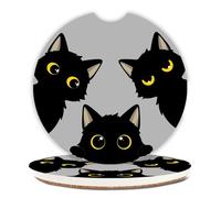 Cute Black Cats Ceramic Cup Holders Car Coasters Set for Women/Men,Drink Cup Car Holder Coasters with A Finger Notch 2.56" Pack of 2.