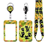 Cute Black Cats ID Card Holder Lanyard for Keys ID Badges Flowers Work Retractable Badge Holder Reel Clip Autumn Leaves ID Badge Holder Lanyard for Neck for Women Kids Teachers Nurses Staff