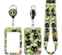 Cute Black Cats Lanyard with Card Holder Cute Flowers Work Retractable Badge Holder Reel ID Badges Holder Lanyard for Neck for Keys Name Tag for Women Girls Kids Teachers Nurses Staff, Office & School