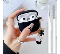 Cute Black for Airpods 3rd Generation Cover for Girl Women with Pom pom Flower Keychain & Cleaner Kit, Soft Silicone Airpods iPod 3rd Gen Protective Cover Skin for Airpods 3rd Gen