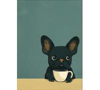 Cute Black French Bulldog Drinking Coffee Wall Art,Animal Lover Kitchen Poster, Gift for Coffee Lovers,Nice Room Wall Decor,Interesting Murals. (12 x 16 in, Unframed)
