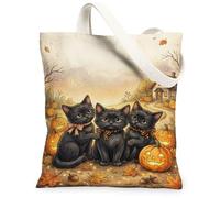Cute Black Kittens Halloween Pumpkins Theme Canvas Tote Bag 13x15 Inch | Three Black Cats, Plaid Scarves, Carved Jack-o'-lanterns, Autumn Leaves, Cozy Evening Atmosphere, Rustic Village Landscape