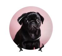 Cute Black Pug Ceramic Decorative Plates Bone China Decorative Plate With Display Stand Handmade Ceramic Ornament Personality Porcelain Dinner Plate Crafts For Home Office Wall Decoration 17cm