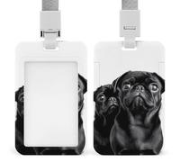Cute Black Pug Dog ID Badge Holder Durable ABS Plastic Card Case Protector with Lanyard,Push-Pull Slot,Stylish Lanyard ID Card Holders for Office Corporate Use