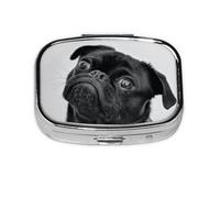 Cute Black Pug Dog,Meta Pill Box 2 Compartment Medicine Case,Portable Organizer,Rectangle Meta Portable Organizer Pill Box 1891 Compartment Medicine Case