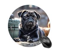 Cute Black Pug Dog Mouse Pad Round Laptop Mouse Mat Cute Computer Mousepad Keyboard Pad Non-Slip Desk Pads for Gaming Office Work Home