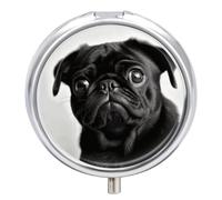 Cute Black Pug Dog Pill Box 3 Compartment Travel Pill Organizer 3 Times A Day Cute Mini Pill Case for Purse & Pocket Portable Metal Medicine Box with Mirror Round Daily Medicine Vitamin Container