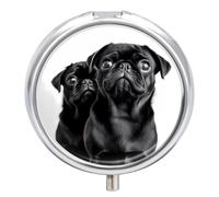Cute Black Pug Dog Pill Box Medicine Pill Organizer 3 Compartment Daily Pill Case Small Pill Container Round Pill Holder Travel Pill Box Metal Pill Case for Purse Pocket