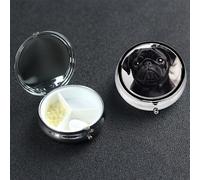 Cute Black Pug Dog Pill Box with Mirror 3 Compartment Decorative Pill Case for Purse or Pocket Small Round Pill Organizer Weekly Metal Medicine Tablet Vitamin Holder Travel Gift