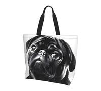 Cute Black Pug Dog Print Large Women Tote Bag,Stylish Waterproof Ladies Shoulder Bag, Folding Beach Travel Bag for Work,Shopping