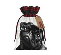 Cute Black Pug Dog -Print Multi-Colored Burlap Drawstring Bags, Eco-Friendly Plaid Pouches For Wedding Party Favors & Custom Packaging. S