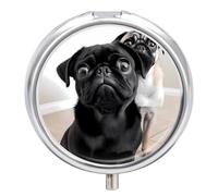 Cute Black Pug Dog Printed Pill Box Pill Container Portable Medicine Pill Case Metal Travel Pill Box Vitamin Container with 3 Compartment Medicine Case