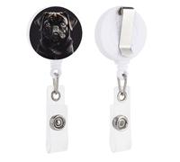 Cute Black Pug Dog Retractable Badge Reel - Personalized ID Name Badge Holder with Lanyard Cute Badges Reel Holder Round Nurse Doctor Name Tag Badges Clip for Work