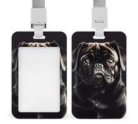 Cute Black Pug Dog Retractable ID Badge Holder with Lanyard - Vertical Badge Reel,Keychain Clip,Name Tag Id Card Holder Protector for Nurse Officer Teacher Security Staff Women Men