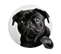 Cute Black Pug Dog Round Mouse Pad, Non-Slip Rubber Base Waterproof Washable, Computer Mouse Mat for Office Gaming Studying, Premium-Textured Durable Portable Circle Mousepad for Desktop PC Notebook