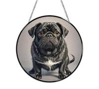 Cute Black Pug Dog Stained Glass Window Hanging Sign Suncatcher