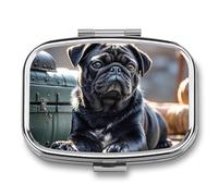 Cute Black Pug Dog Travel Pill Organizer A Daily Pill Box for Supplements 2 Compartment Pill Case Convenient for Carrying and Storing Medicines Box