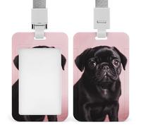 Cute Black Pug Id Badge Holder,Name Tag Holder with Detachable Lanyard,Waterproof Design Id Card Holder for Office, Workplace