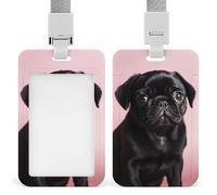 Cute Black Pug Id Badge Holder,Name Tag Holder with Detachable Lanyard,Waterproof Design Id Card Holder for Office, Workplace